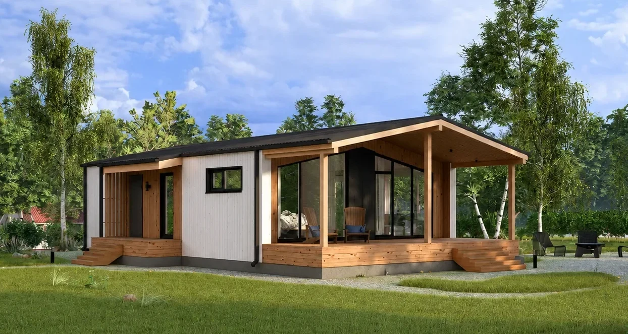 Rejeneratif Habitat modüler yapı — geniş verandalı tek katlı ev, doğa içinde